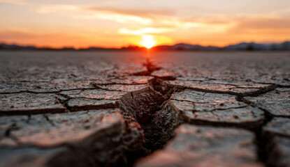 Cracked earth stretches across arid landscape during vibrant sunset, symbolizing environmental challenges and climate change with dramatic lighting and textures.