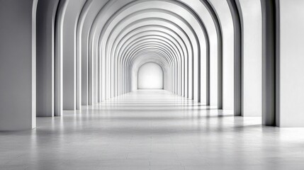 Obraz premium A long, empty, white corridor with repeating arches and a bright light at the far end.