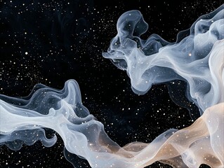 Abstract flowing forms resembling smoke or fabric with golden speckles against a starry black background.
