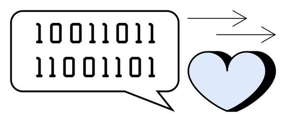 Binary code in speech bubble pointing to heart with arrows indicating movement. Ideal for technology, communication, digital transformation, love, coding, data flow, connection. Simple flat metaphor