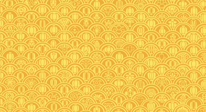 A golden yellow seamless Japanese pattern background with traditional waves lanterns and floral motifs for festive celebrations.