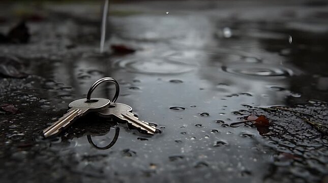 Finding Keys Lost on Wet Pavement After Rain Close-Up