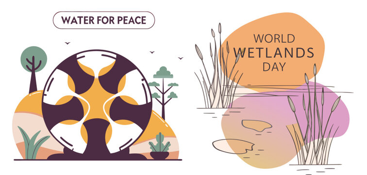 World Wetlands Day: A vibrant illustration showcasing the importance of water for peace, depicting diverse ecosystems and highlighting the global celebration. 