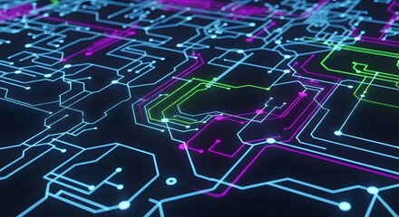 Vibrant neon circuit board pathways with glowing connections