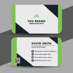 Modern and professional business card design with green accents and clean typography for personal branding and corporate identity