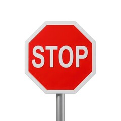 A bright red octagonal stop sign with white lettering on a metal pole isolated on white background