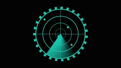 Teal Radar Screen Display with Circular Scans and Target Dots on animated Black Background sonar detection.Rotating circular scans and target indicators producing an engaging sonar detection animation