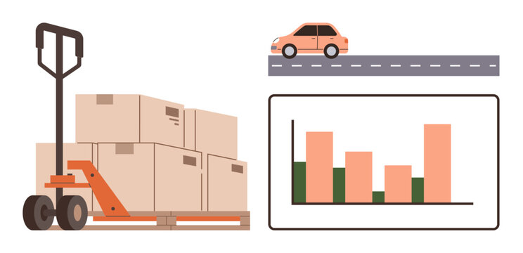 Pallet jack with boxes, car on roadway, and bar chart representing logistics, transportation, data analysis. Ideal for supply chain, delivery, efficiency, benchmarking inventory monitoring