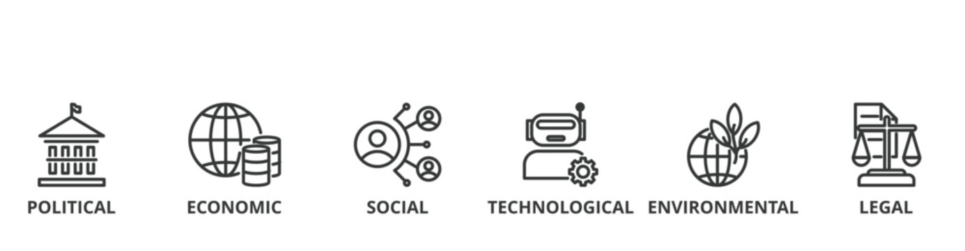 PESTEL banner vector illustration concept with icon of political, economic, social, technological, environmental and legal