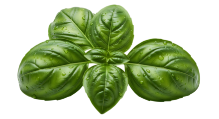 Fresh green basil leaves with water drops on an isolated background.