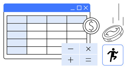 Spreadsheet table interface with falling coins, calculator symbols, and person icon. Ideal for financial planning, budgeting, accounting, data tracking, business analysis, efficiency simple flat