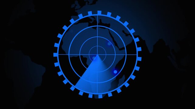 Blue Radar Screen Displaying Earth Continents with Glowing Dots on a Dark World Map animated Background. High-tech blue radar display scanning continental outlines with bright dots that shift.