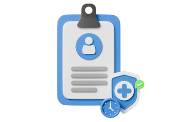 3d health insurance clipboard icon. medical schedule security concept. Minimal cartoon patient profile shield clock for insurance banner. isolated on white background. 3d render.