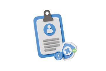 3d health insurance clipboard icon. medical schedule security concept. Minimal cartoon patient profile shield clock for insurance banner. isolated on white background. 3d render.