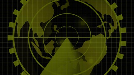 Yellow Radar Grid Overlaying a Dark World Map Silhouette with a Sweeping Beam screen animated. Futuristic yellow radar overlay showing world map contours with animated sweeping beams scanning signals. - Powered by Adobe