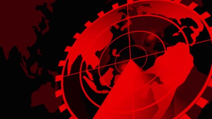 Red Radar Screen Overlaying a Faint World Map Silhouette on a animated Black Background earth globe. High-tech red radar display showing earth globe over a subtle world map silhouette with scanning - Powered by Adobe