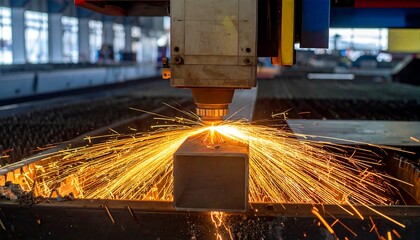 Laser cutter in action, sparks flying, focused on metal beam