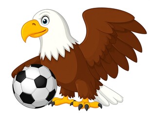 Obraz premium Cartoon bald eagle holding soccer ball, wings spread wide