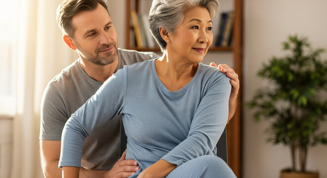 Loving adult son providing gentle support and comfort to his elderly Asian mother at home, a moment of family love and care