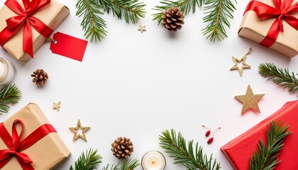 Christmas gifts wrapped in brown paper and red ribbons with decorations  