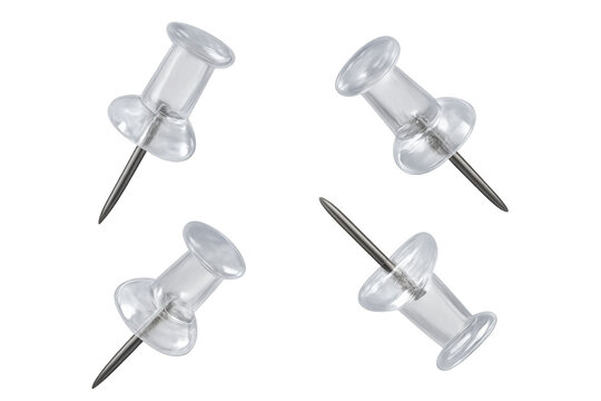 Clear plastic push pins holding notes or documents to a board, transparent office stationery for organization