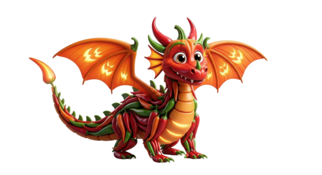 Cute Red and Green Cartoon Dragon Made of Chili Peppers Illustration isolated on Transparent Background