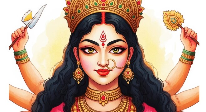 Digital portrait of a divine multi-armed goddess with crown and ceremonial items displaying power