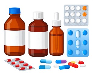 Assortment of pharmaceutical products including bottles, blister packs, and individual pills/capsules arranged on a white background