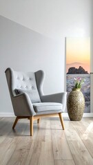 Cozy room with gray wingback chair, wood floors, vase, and beach sunrise art