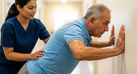Supportive female physical therapist assists an elderly man with wall push-up exercises during a home rehabilitation session
