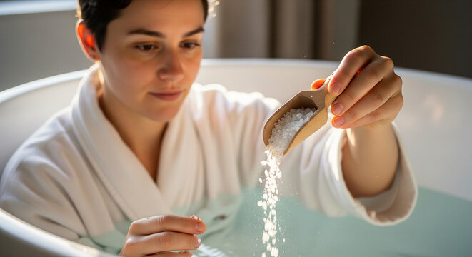 Relaxing self-care ritual a woman in a white bathrobe adding healing Epsom bath salts into a warm tub for a spa day at home - Powered by Adobe
