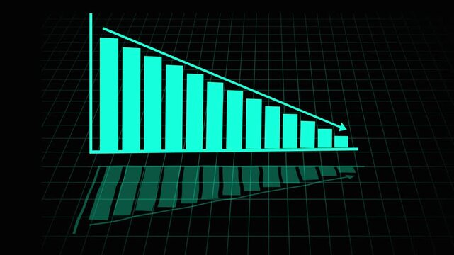 Cyan Bar Chart Showing Downward Trend with Arrow and Reflection graph decline animated. Animated cyan bar chart highlighting downward trend with arrow and reflective decline visualization.
