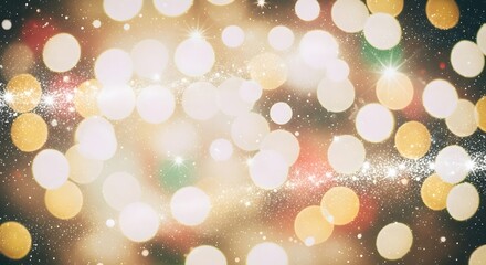 Abstract festive background with glowing golden bokeh lights and sparkling stardust.
