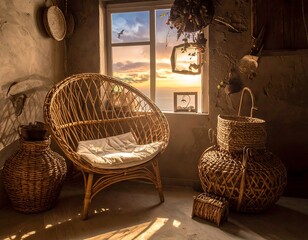Cozy room with wicker chair and sunset view through window, rustic textured walls