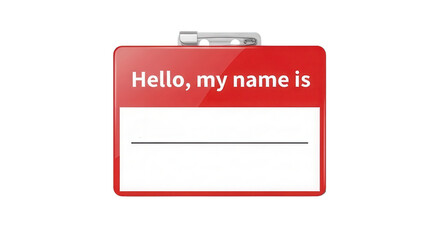 Glossy Red Name Tag Badge Vector Illustration with "Hello, my name is" text isolated on Transparent Background