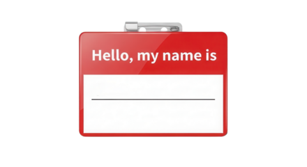 Glossy Red Name Tag Badge Vector Illustration with "Hello, my name is" text isolated on Transparent Background