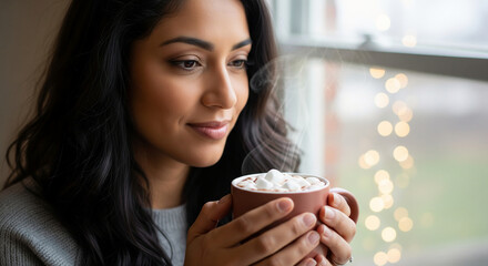 Young woman enjoying a cozy moment with a warm mug of hot chocolate with marshmallows, looking thoughtfully out the window