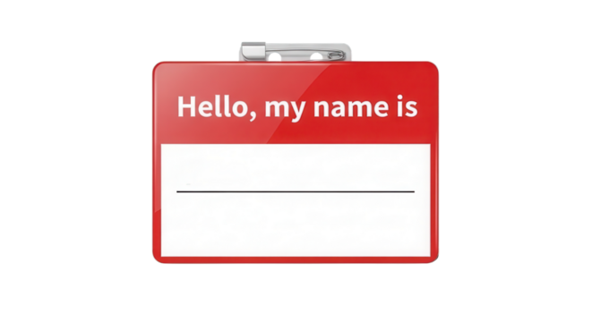 Glossy Red Name Tag Badge Vector Illustration with "Hello, my name is" text isolated on Transparent Background