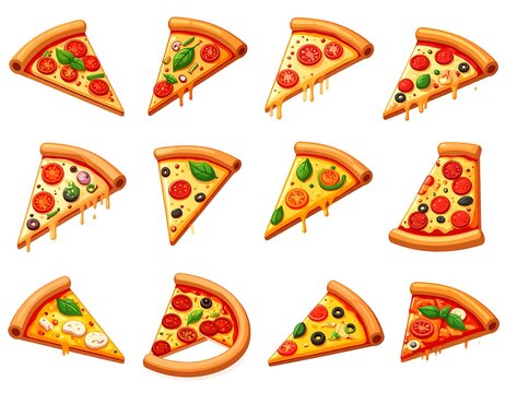 Cartoon pizza slices with various toppings, isolated on white - Powered by Adobe