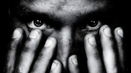 A man covers his face with his hands, revealing only his intense eyes. The black and white style emphasizes the emotion and tension in the scene, creating a striking visual effect.