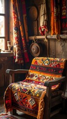 Cozy rustic interior an old armchair covered in a colorful patterned textile near window