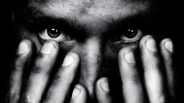 A man covers his face with his hands, revealing only his intense eyes. The black and white style emphasizes the emotion and tension in the scene, creating a striking visual effect. - Powered by Adobe