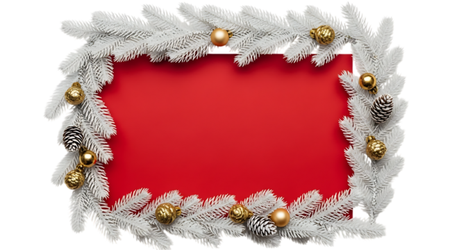 White frosted christmas frame with golden ornaments and red space