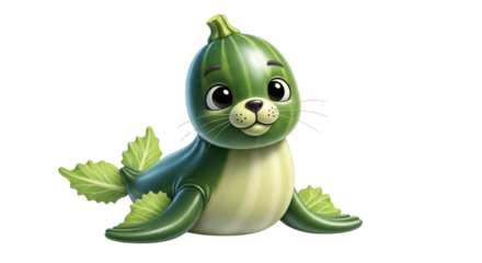 Cute Cartoon Baby Seal Character Hybrid made of Green Zucchini or Cucumber isolated on Transparent Background