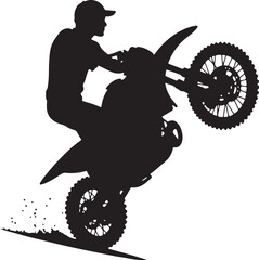 Fototapeta premium Black silhouette of a motocross rider performing a wheelie