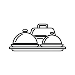 Fototapeta premium Outline icon of food service delivery with covered dishes and a catering container