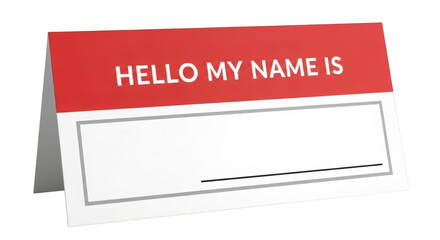 Blank Name Tag Tent Card Mockup with Red Header and "HELLO MY NAME IS" Text isolated on Transparent Background