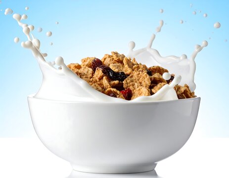 Breakfast cereal in a white bowl, milk splashing upwards - Powered by Adobe