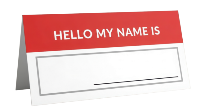 Blank Name Tag Tent Card Mockup with Red Header and "HELLO MY NAME IS" Text isolated on Transparent Background