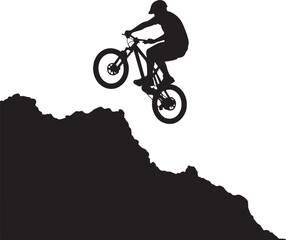 Obraz premium Black silhouette of a mountain biker jumping over a rocky cliff
